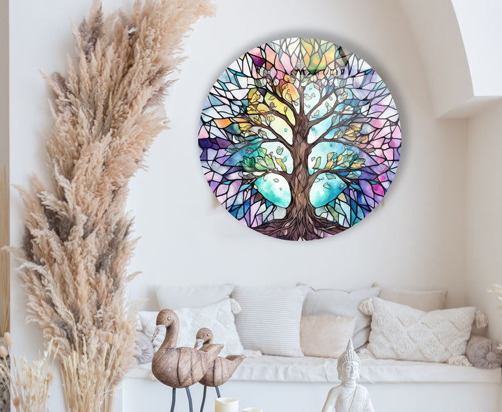 Stained Glass Tree of Life Round Wall Art – Pastel Rainbow Glass Decor
