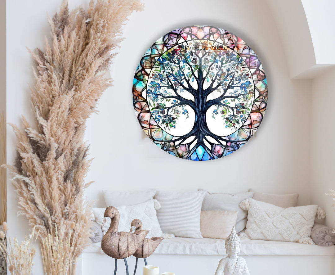 Stained Glass Tree of Life Round Wall Art – Vibrant Symbolic Glass Decor