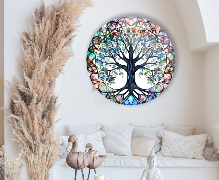 Stained Glass Tree of Life Round Wall Art – Vibrant Symbolic Glass Decor