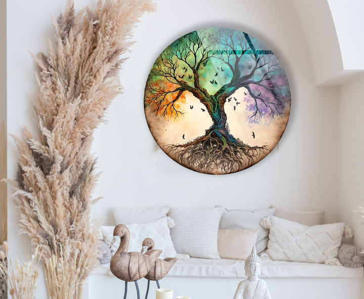 Tree of Life Round Glass Wall Art – Colorful Abstract Roots & Branches Decor