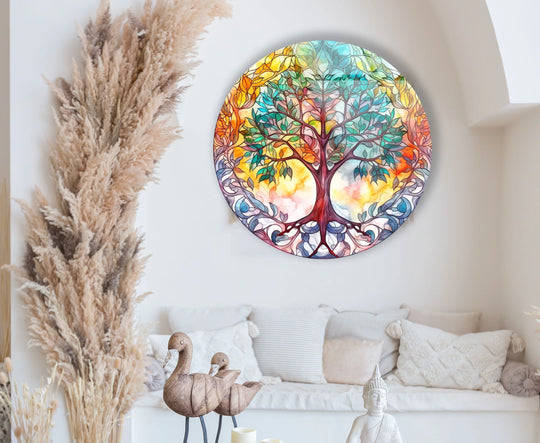 Colorful Tree of Life Round Wall Art – Stained Glass Effect Glass Decor - MyPhotoStation