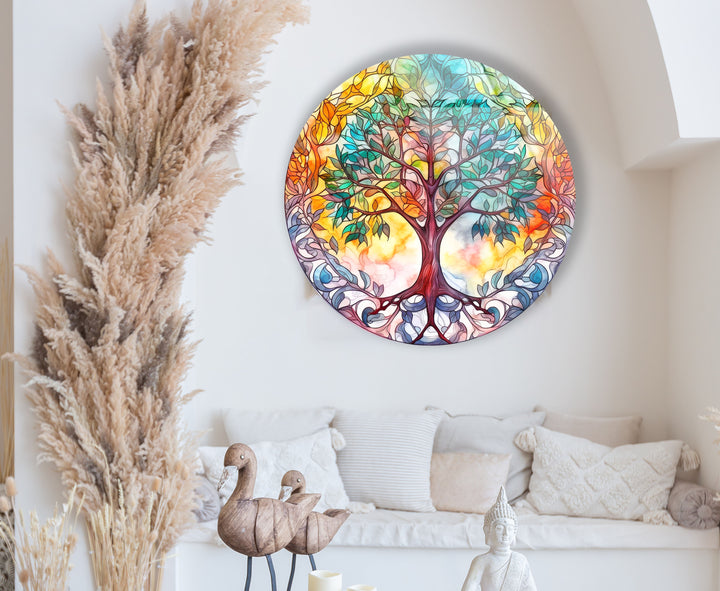 Colorful Tree of Life Round Wall Art – Stained Glass Effect Glass Decor