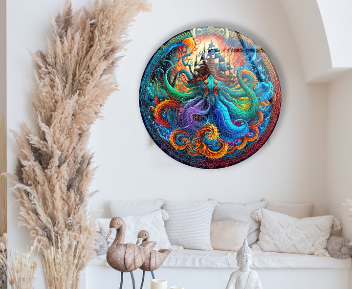 Kraken and Ship Round Wall Art – Mythical Sea Monster Glass Decor for Nautical Fantasy Walls
