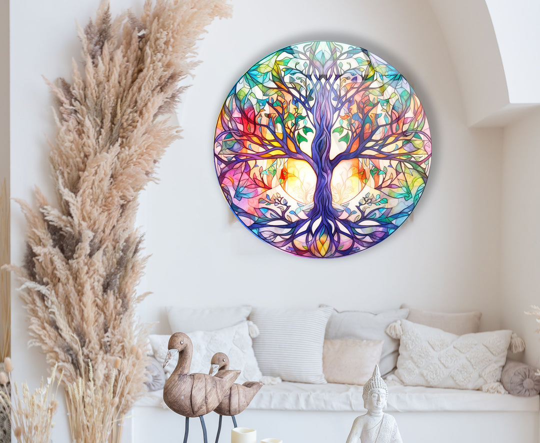 Rainbow Tree of Life Round Wall Art – Stained Glass Style Glass Decor