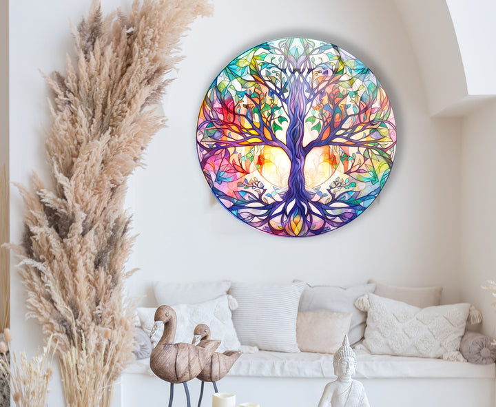 Rainbow Tree of Life Round Wall Art – Stained Glass Style Glass Decor