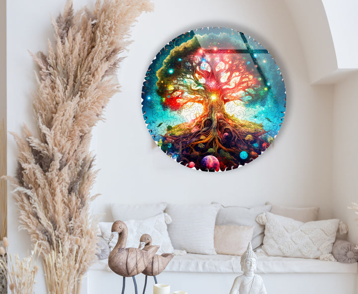 Cosmic Tree of Life Round Wall Art – Vivid Galaxy-Inspired Glass Decor