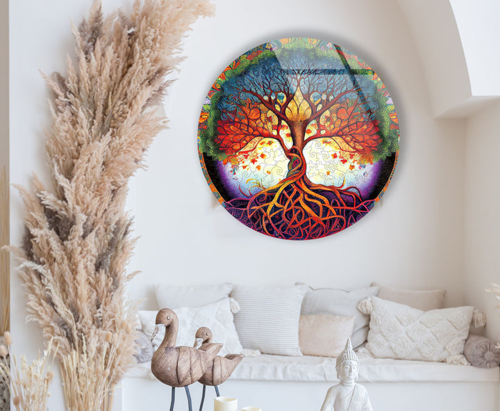 Psychedelischer Lebensbaum, runde Glaswandkunst – lebendige spirituelle Wohndekoration