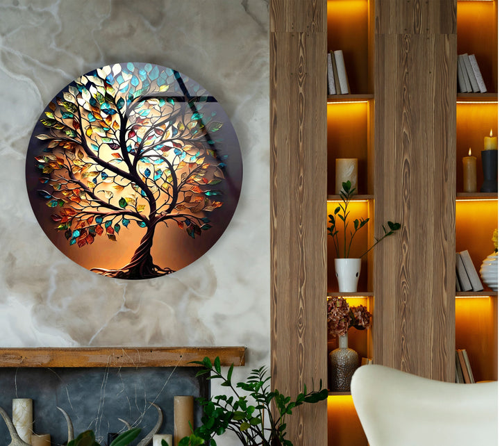 Brown Life of Tree Round Glass Wall Art print on glass, glass printed photos