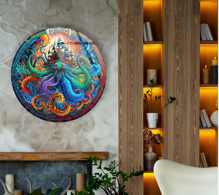 Kraken and Ship Round Wall Art – Mythical Sea Monster Glass Decor for Nautical Fantasy Walls