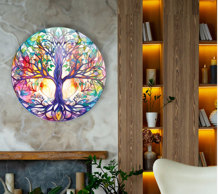 Rainbow Tree of Life Round Wall Art – Stained Glass Style Glass Decor