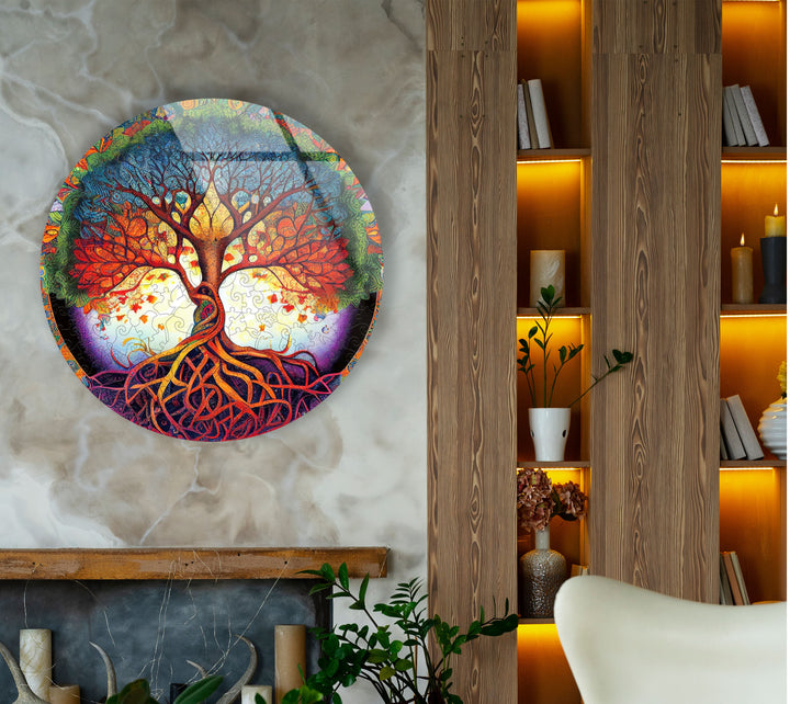 Psychedelischer Lebensbaum, runde Glaswandkunst – lebendige spirituelle Wohndekoration