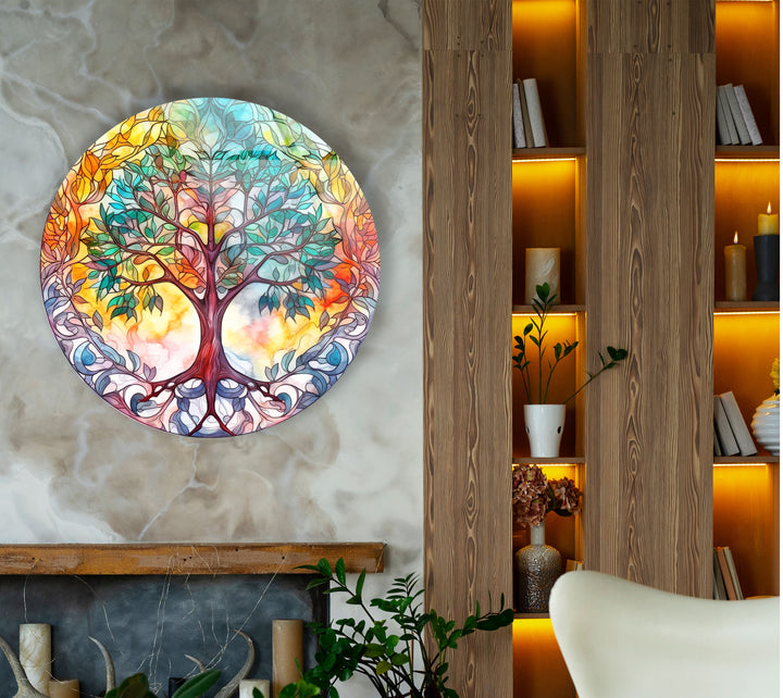 Colorful Tree of Life Round Wall Art – Stained Glass Effect Glass Decor