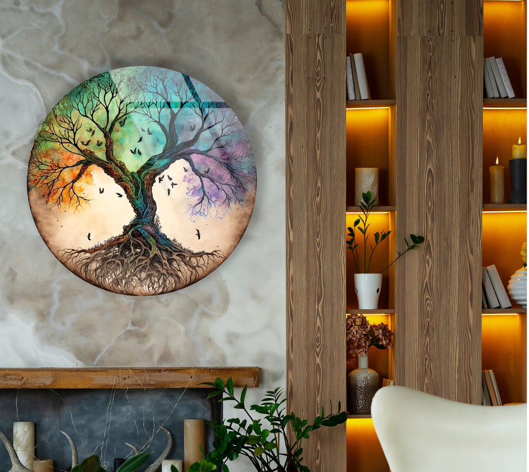 Tree of Life Round Glass Wall Art – Colorful Abstract Roots & Branches Decor