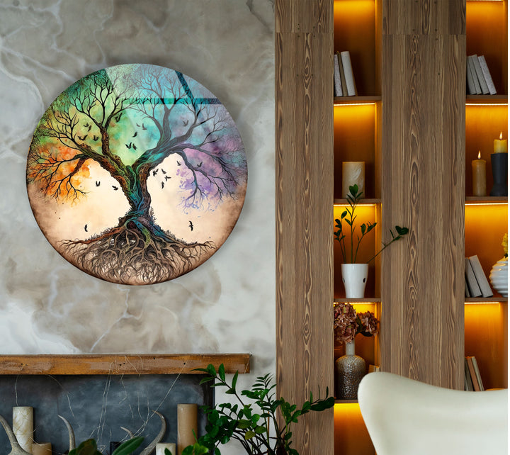 Tree of Life Round Glass Wall Art – Colorful Abstract Roots & Branches Decor