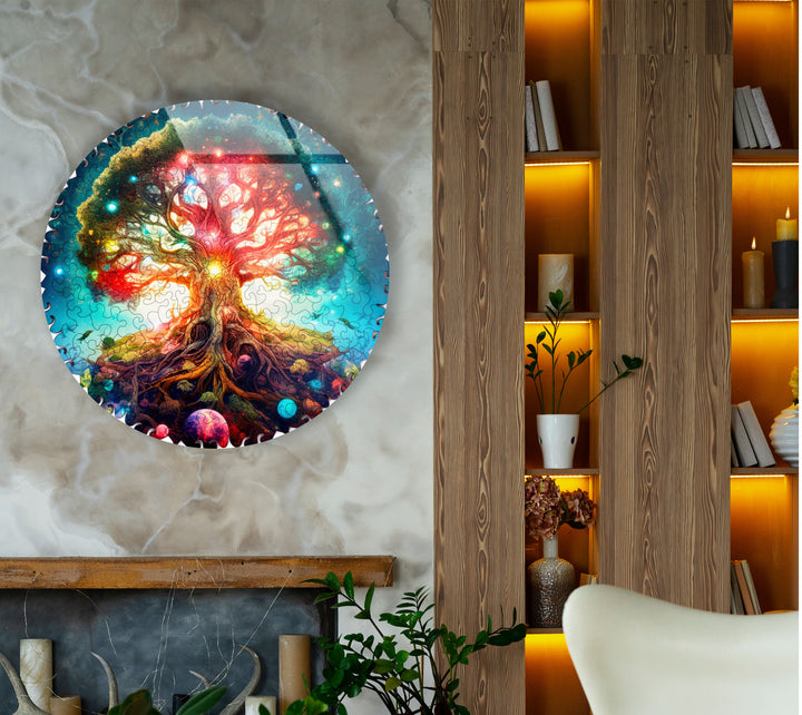 Cosmic Tree of Life Round Wall Art – Vivid Galaxy-Inspired Glass Decor