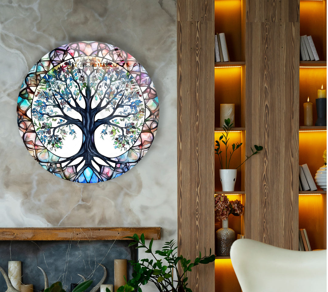 Stained Glass Tree of Life Round Wall Art – Vibrant Symbolic Glass Decor