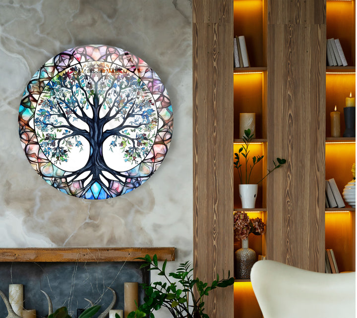 Stained Glass Tree of Life Round Wall Art – Vibrant Symbolic Glass Decor