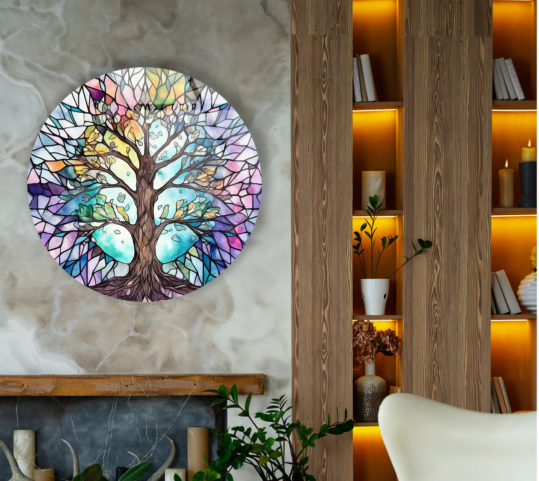 Stained Glass Tree of Life Round Wall Art – Pastel Rainbow Glass Decor
