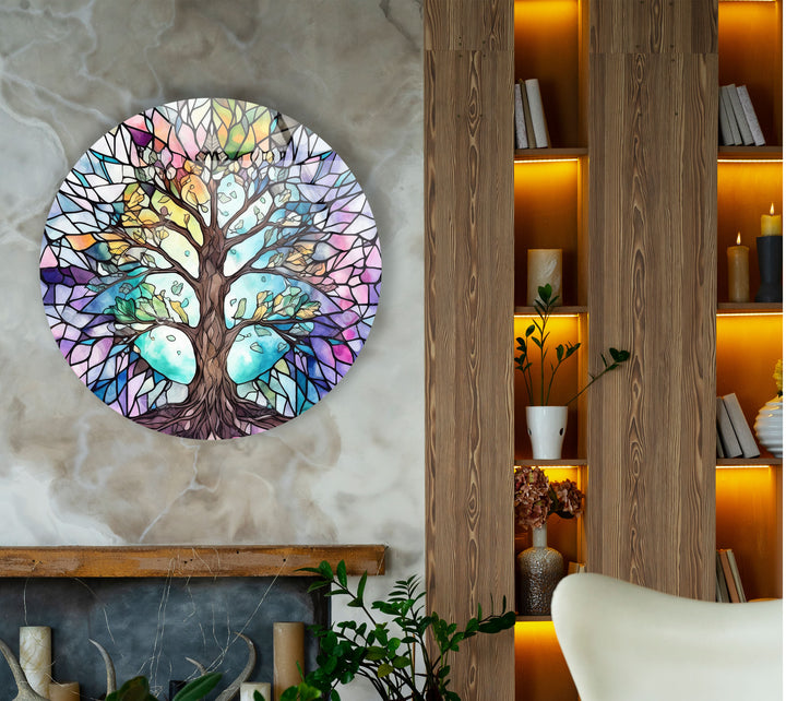 Stained Glass Tree of Life Round Wall Art – Pastel Rainbow Glass Decor
