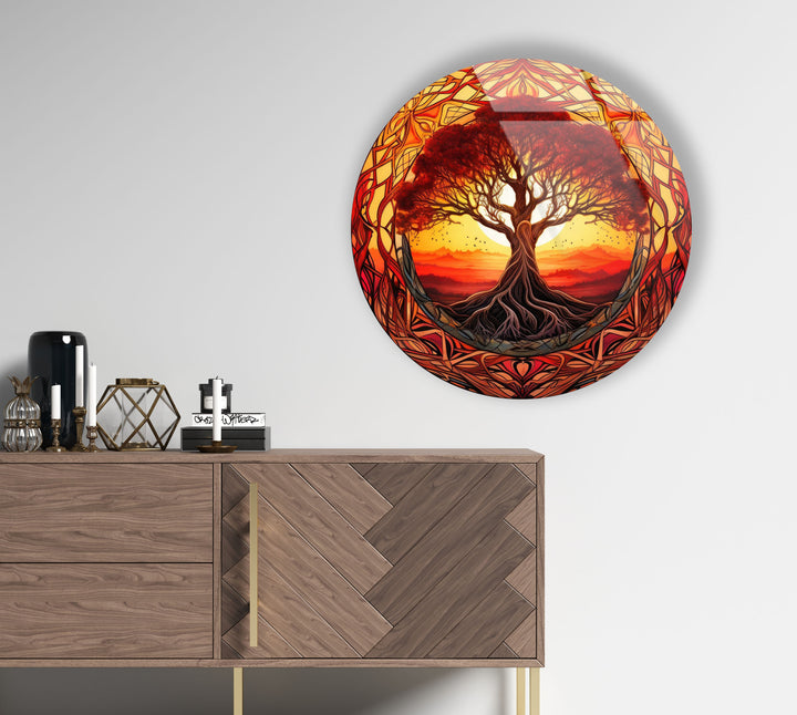 Fiery Sunset Tree of Life Round Wall Art – Bold Glass Decor for Inspiring Spaces