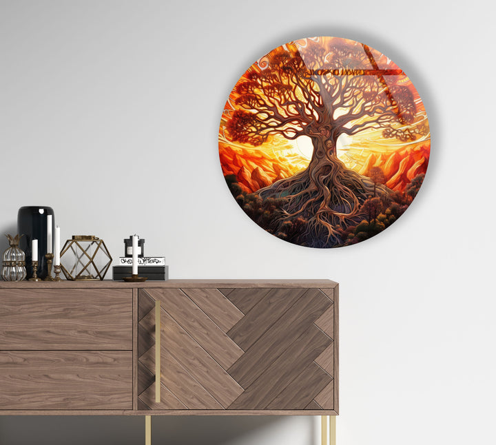 Golden Sunset Tree of Life Round Wall Art – Vibrant Spiritual Decor on Glass
