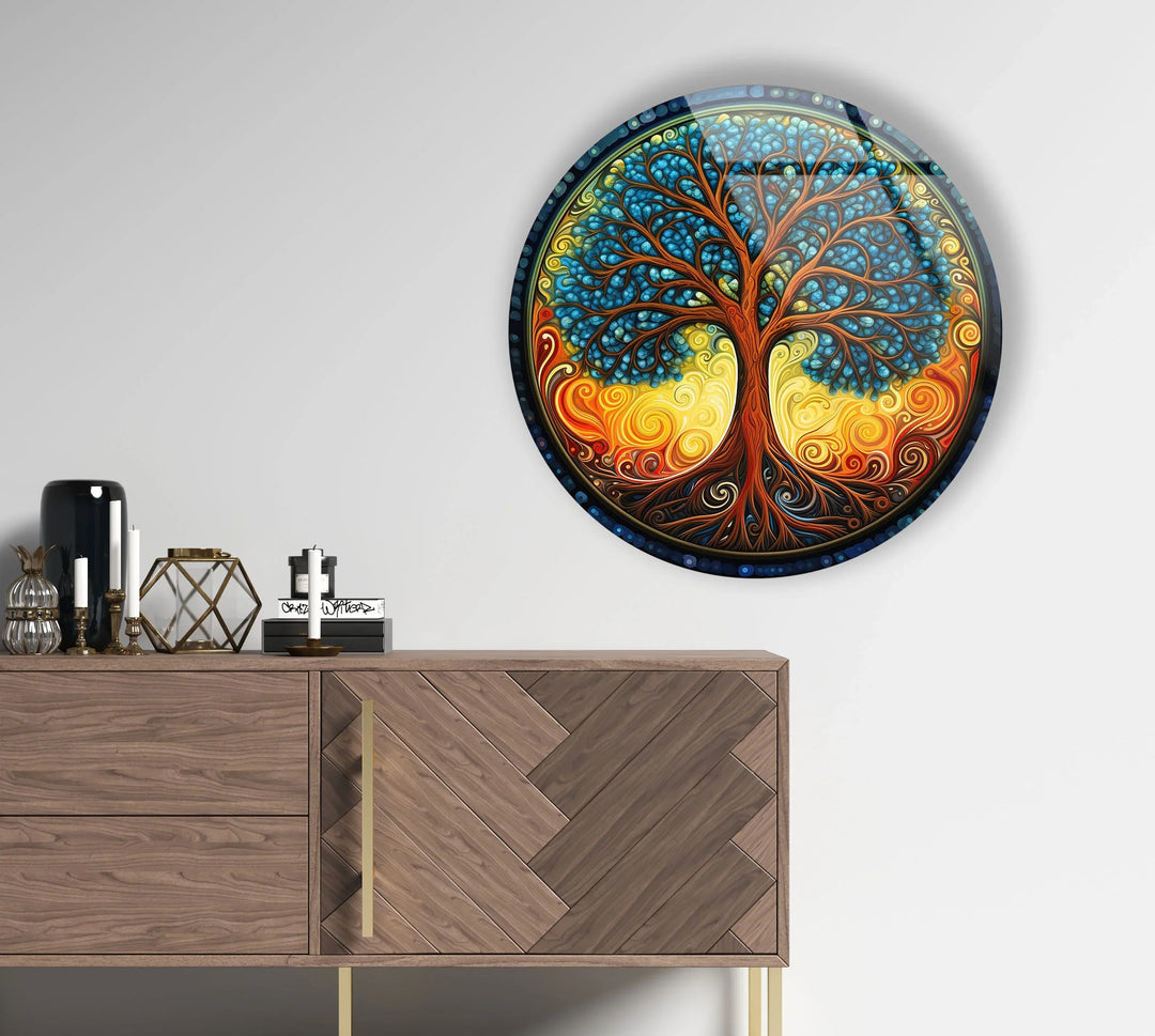 Round Tree of Life Wall Art – Colorful Swirl Glass Print for Boho and Spiritual Home Decor - MyPhotoStation