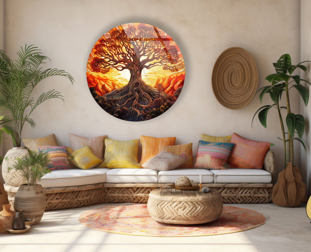 Golden Sunset Tree of Life Round Wall Art – Vibrant Spiritual Decor on Glass