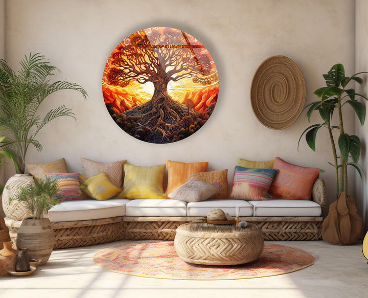 Golden Sunset Tree of Life Round Wall Art – Vibrant Spiritual Decor on Glass
