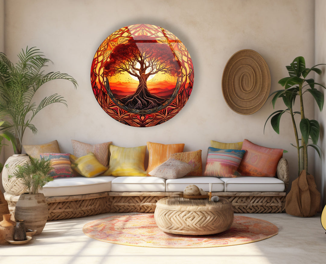 Fiery Sunset Tree of Life Round Wall Art – Bold Glass Decor for Inspiring Spaces