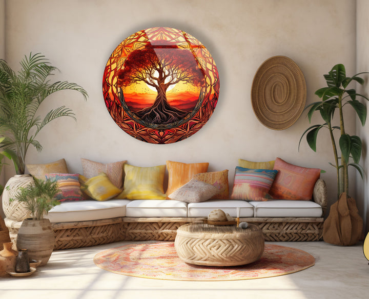Fiery Sunset Tree of Life Round Wall Art – Bold Glass Decor for Inspiring Spaces