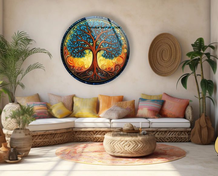 Round Tree of Life Wall Art – Colorful Swirl Glass Print for Boho and Spiritual Home Decor - MyPhotoStation