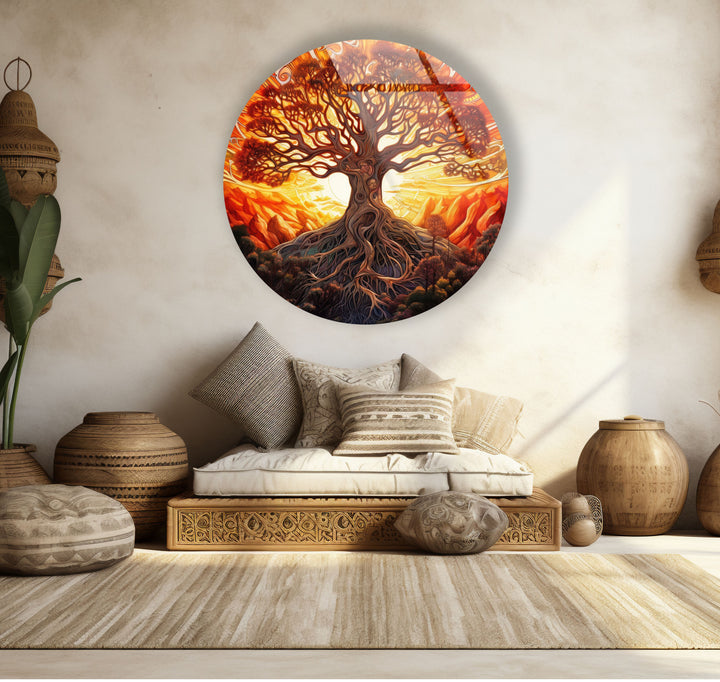 Golden Sunset Tree of Life Round Wall Art – Vibrant Spiritual Decor on Glass