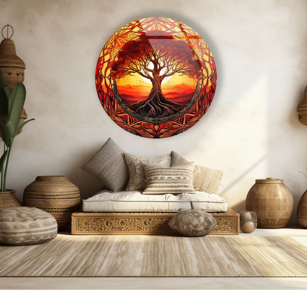 Fiery Sunset Tree of Life Round Wall Art – Bold Glass Decor for Inspiring Spaces
