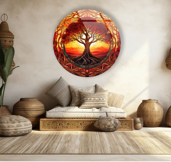Fiery Sunset Tree of Life Round Wall Art – Bold Glass Decor for Inspiring Spaces