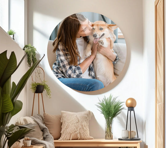 Circular glass wall art of a woman kissing a corgi, displayed in a bright entryway with plants.
