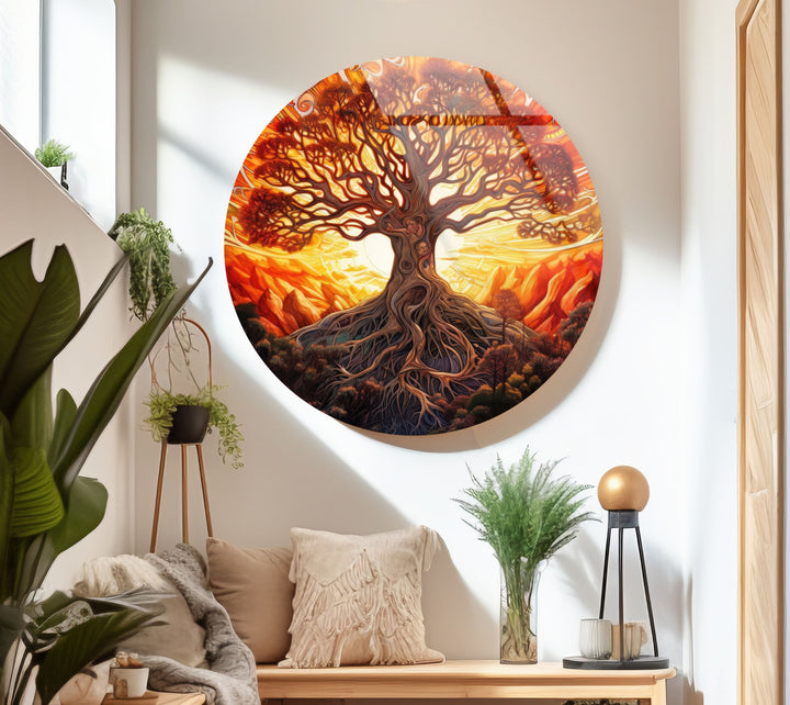 Golden Sunset Tree of Life Round Wall Art – Vibrant Spiritual Decor on Glass