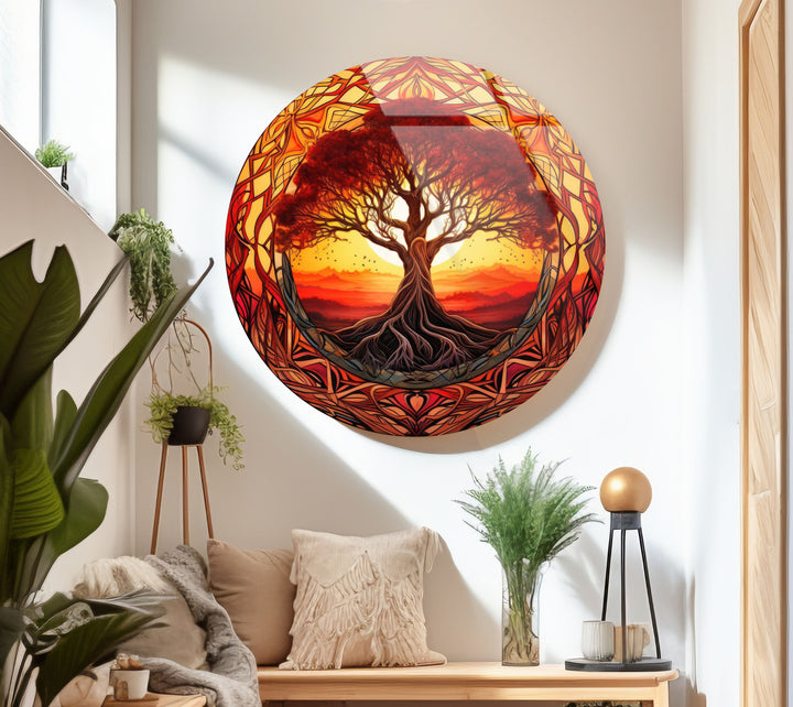 Fiery Sunset Tree of Life Round Wall Art – Bold Glass Decor for Inspiring Spaces