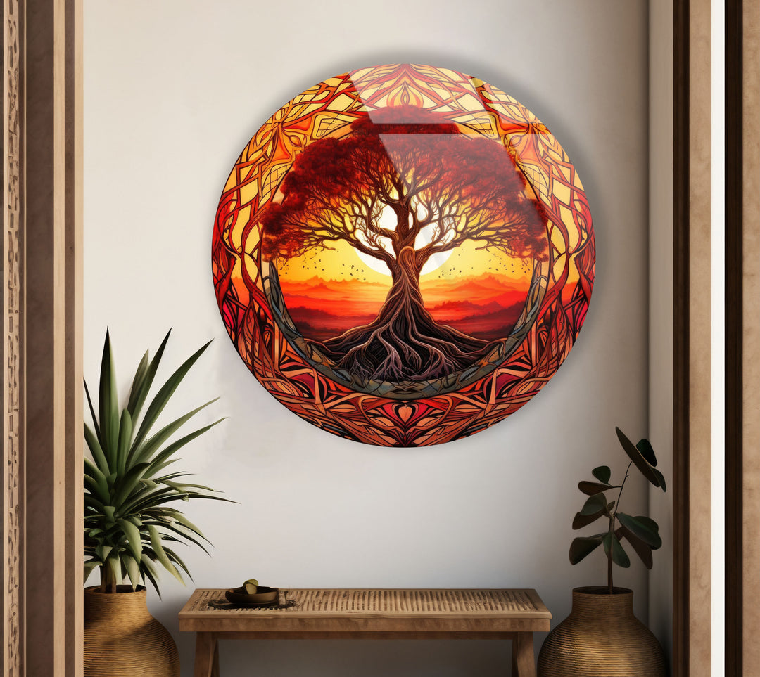 Fiery Sunset Tree of Life Round Wall Art – Bold Glass Decor for Inspiring Spaces