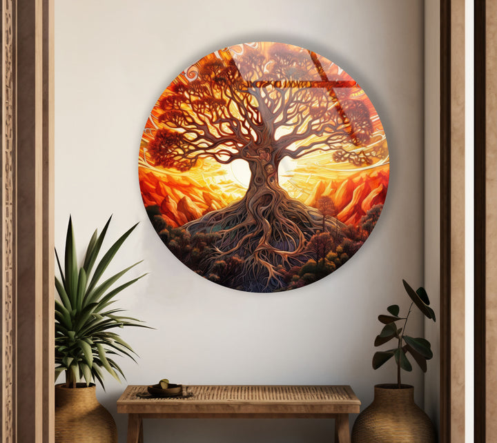 Golden Sunset Tree of Life Round Wall Art – Vibrant Spiritual Decor on Glass