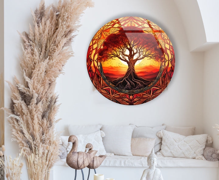 Fiery Sunset Tree of Life Round Wall Art – Bold Glass Decor for Inspiring Spaces