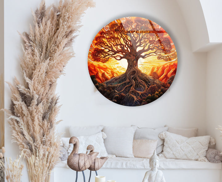 Golden Sunset Tree of Life Round Wall Art – Vibrant Spiritual Decor on Glass