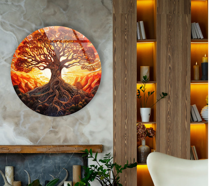 Golden Sunset Tree of Life Round Wall Art – Vibrant Spiritual Decor on Glass