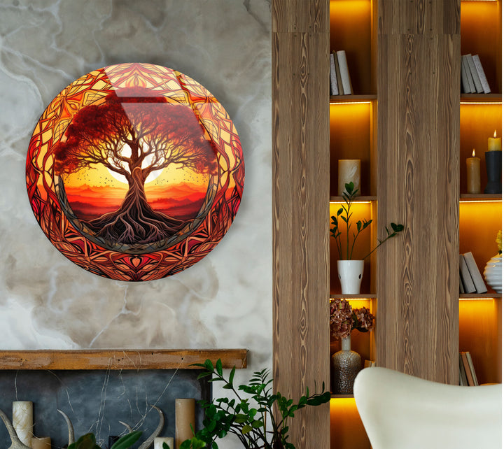 Fiery Sunset Tree of Life Round Wall Art – Bold Glass Decor for Inspiring Spaces