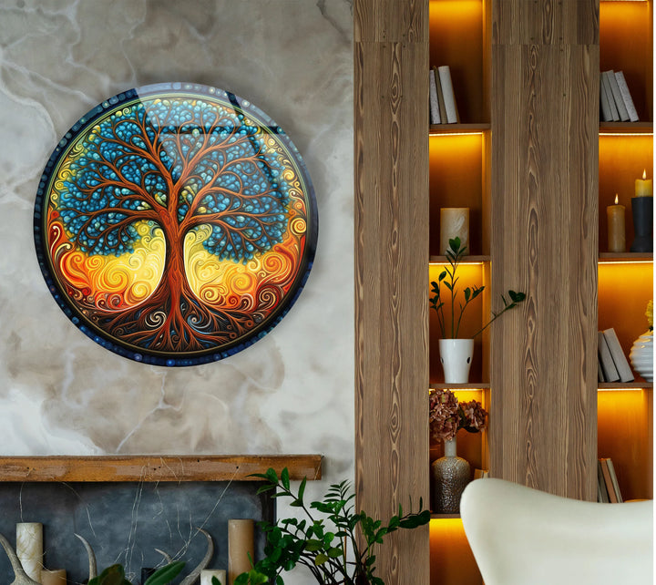 Round Tree of Life Wall Art – Colorful Swirl Glass Print for Boho and Spiritual Home Decor - MyPhotoStation