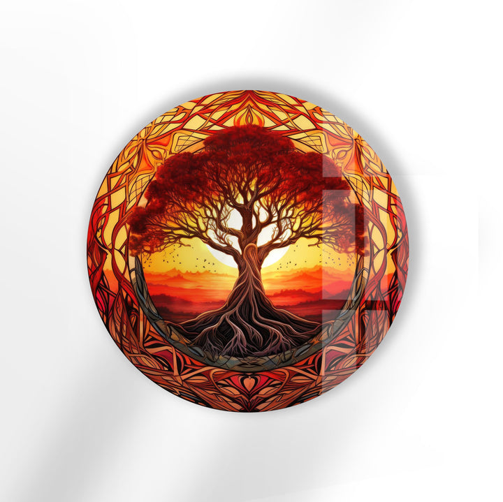 Fiery Sunset Tree of Life Round Wall Art – Bold Glass Decor for Inspiring Spaces