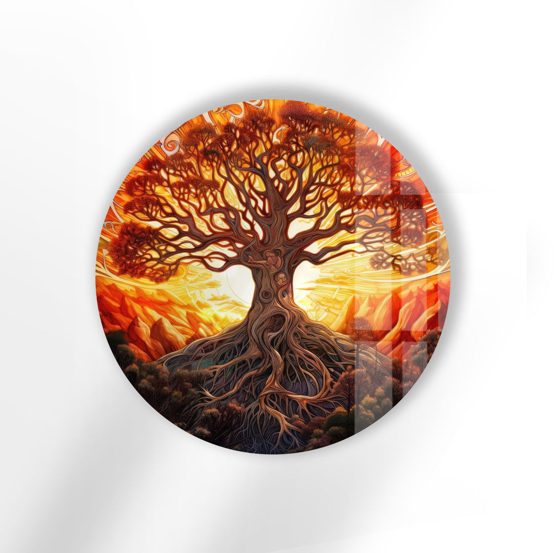 Golden Sunset Tree of Life Round Wall Art – Vibrant Spiritual Decor on Glass
