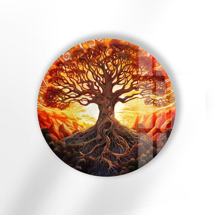 Golden Sunset Tree of Life Round Wall Art – Vibrant Spiritual Decor on Glass