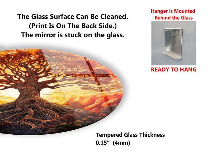 Golden Sunset Tree of Life Round Wall Art – Vibrant Spiritual Decor on Glass