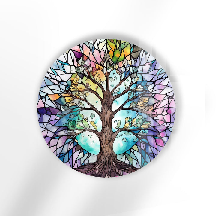 Stained Glass Tree of Life Round Wall Art – Pastel Rainbow Glass Decor
