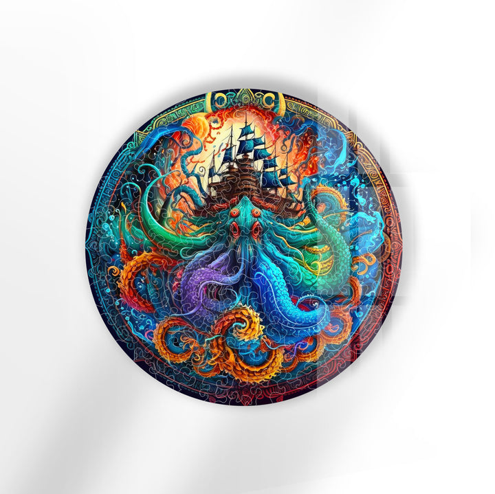 Kraken and Ship Round Wall Art – Mythical Sea Monster Glass Decor for Nautical Fantasy Walls